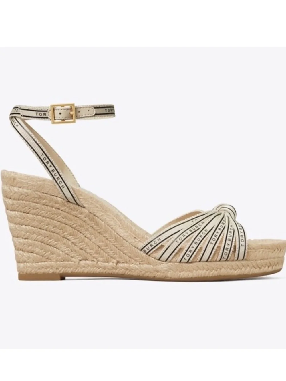 TORY BURCH Tory Ribbon Wedge Espadrille Cream/Black SZ 9.5 NWOT